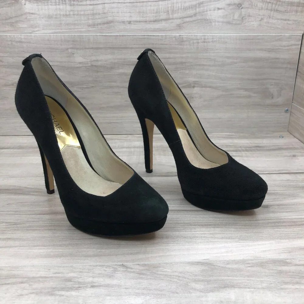Michael Kors Heels Womens 7.5M York Black Suede Slip on Stiletto Platform Shoes